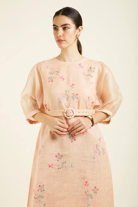 Shop Arcvsh By Pallavi Singh Rose Gold Linen, Organza Embroidery Round Neck Printed A-line Dress Online at Aza Fashions Shop_Arcvsh By Pallavi Singh_Rose Gold Linen, Organza Embroidery Round Neck Printed A-line Dress _Online_at_Aza_Fashions