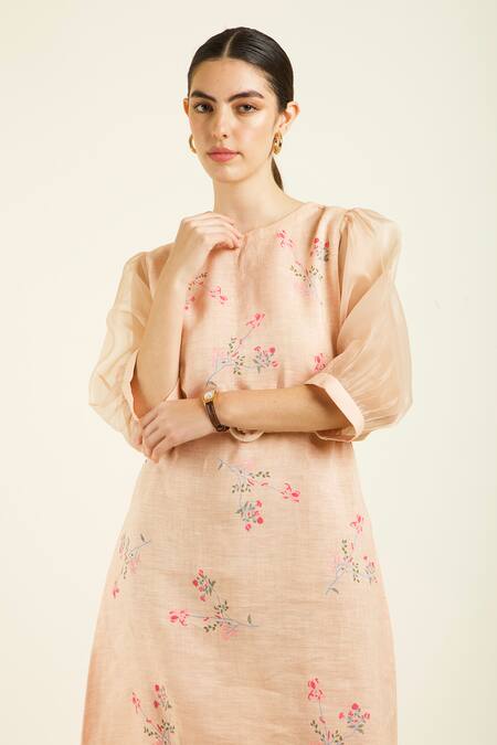 Arcvsh By Pallavi Singh Rose Gold Linen, Organza Embroidery Round Neck Printed A-line Dress at Aza Fashions Arcvsh By Pallavi Singh_Rose Gold Linen, Organza Embroidery Round Neck Printed A-line Dress _at_Aza_Fashions