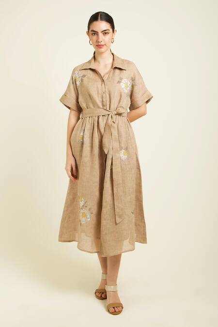 Arcvsh By Pallavi Singh_Beige Gabardine, Linen Embroidery Collared Gauze Midi Dress _Online_at_Aza_Fashions