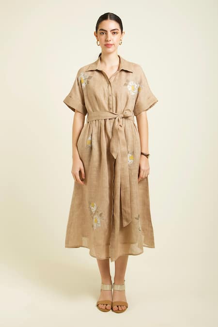 Buy_Arcvsh By Pallavi Singh_Beige Gabardine, Linen Embroidery Collared Gauze Midi Dress _Online_at_Aza_Fashions