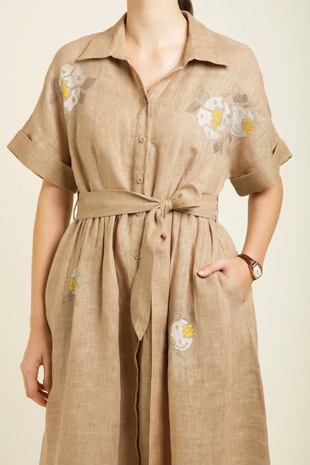Shop_Arcvsh By Pallavi Singh_Beige Gabardine, Linen Embroidery Collared Gauze Midi Dress _Online_at_Aza_Fashions
