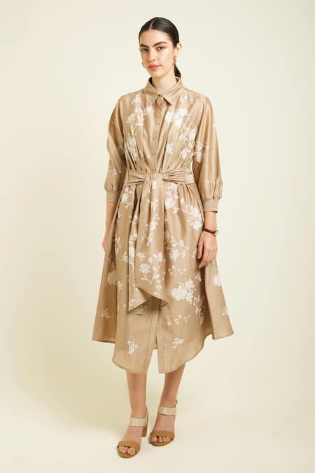 Arcvsh By Pallavi Singh Beige Silk, Chanderi Embroidery Collared Tie Up Midi Dress Online at Aza Fashions Arcvsh By Pallavi Singh_Beige Silk, Chanderi Embroidery Collared Tie Up Midi Dress _Online_at_Aza_Fashions