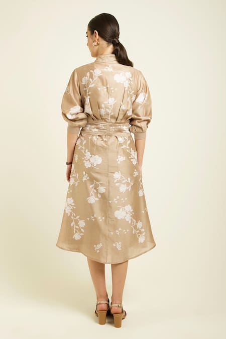 Buy Arcvsh By Pallavi Singh Beige Silk, Chanderi Embroidery Collared Tie Up Midi Dress Online at Aza Fashions Buy_Arcvsh By Pallavi Singh_Beige Silk, Chanderi Embroidery Collared Tie Up Midi Dress _Online_at_Aza_Fashions
