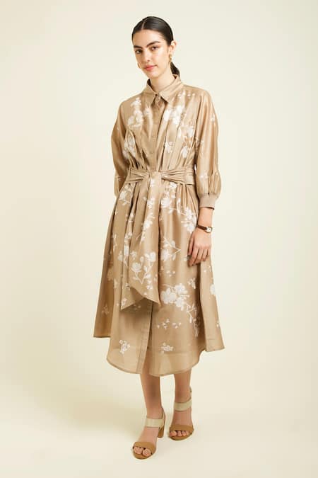 Shop Arcvsh By Pallavi Singh Beige Silk, Chanderi Embroidery Collared Tie Up Midi Dress Online at Aza Fashions Shop_Arcvsh By Pallavi Singh_Beige Silk, Chanderi Embroidery Collared Tie Up Midi Dress _Online_at_Aza_Fashions