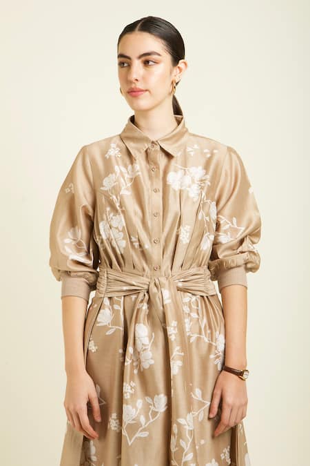 Arcvsh By Pallavi Singh Beige Silk, Chanderi Embroidery Collared Tie Up Midi Dress at Aza Fashions Arcvsh By Pallavi Singh_Beige Silk, Chanderi Embroidery Collared Tie Up Midi Dress _at_Aza_Fashions