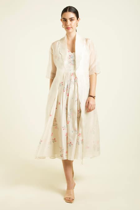 Buy Arcvsh By Pallavi Singh Ivory Organza, Silk Embroidery Open Neck, Scalloped Jacket And Dress Set Online at Aza Fashions Buy_Arcvsh By Pallavi Singh_Ivory Organza, Silk Embroidery Open Neck, Scalloped Jacket And Dress Set _Online_at_Aza_Fashions