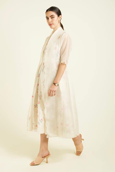 Shop Arcvsh By Pallavi Singh Ivory Organza, Silk Embroidery Open Neck, Scalloped Jacket And Dress Set Online at Aza Fashions Shop_Arcvsh By Pallavi Singh_Ivory Organza, Silk Embroidery Open Neck, Scalloped Jacket And Dress Set _Online_at_Aza_Fashions