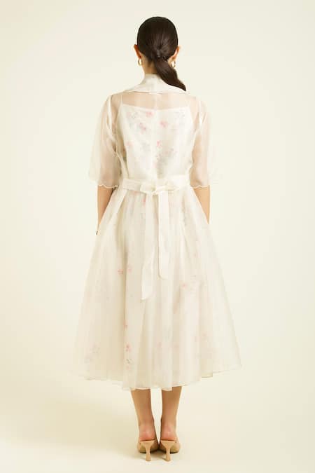 Shop Arcvsh By Pallavi Singh Ivory Organza, Silk Embroidery Open Neck, Scalloped Jacket And Dress Set at Aza Fashions Shop_Arcvsh By Pallavi Singh_Ivory Organza, Silk Embroidery Open Neck, Scalloped Jacket And Dress Set _at_Aza_Fashions