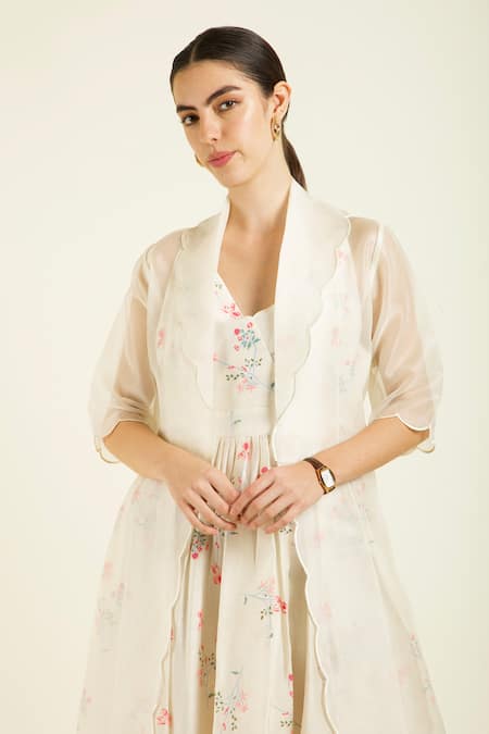 Arcvsh By Pallavi Singh Ivory Organza, Silk Embroidery Open Neck, Scalloped Jacket And Dress Set at Aza Fashions Arcvsh By Pallavi Singh_Ivory Organza, Silk Embroidery Open Neck, Scalloped Jacket And Dress Set _at_Aza_Fashions
