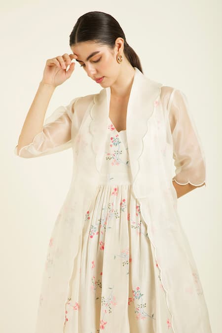 Buy Arcvsh By Pallavi Singh Ivory Organza, Silk Embroidery Open Neck, Scalloped Jacket And Dress Set Buy_Arcvsh By Pallavi Singh_Ivory Organza, Silk Embroidery Open Neck, Scalloped Jacket And Dress Set