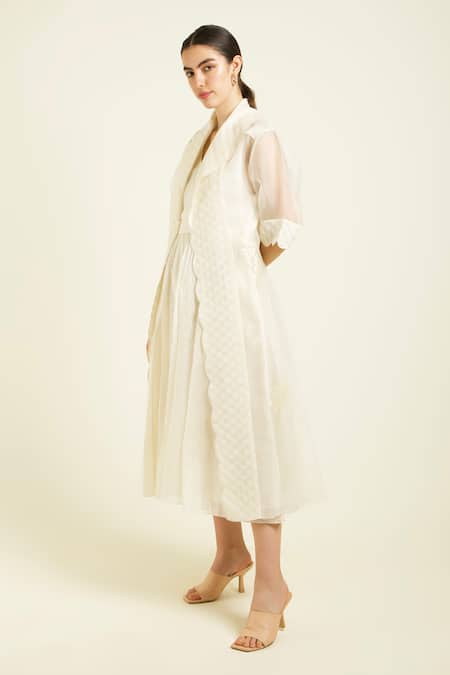Arcvsh By Pallavi Singh_Ivory Organza, Brocade Embroidery Open Neck, Jacket Dress _Online_at_Aza_Fashions
