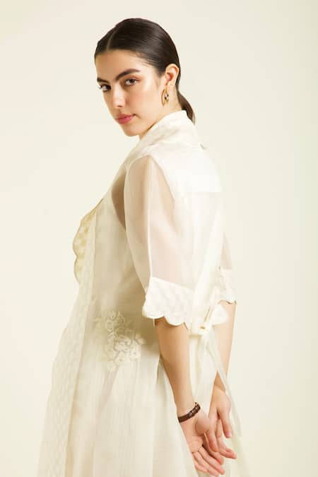 Shop_Arcvsh By Pallavi Singh_Ivory Organza, Brocade Embroidery Open Neck, Jacket Dress _Online_at_Aza_Fashions