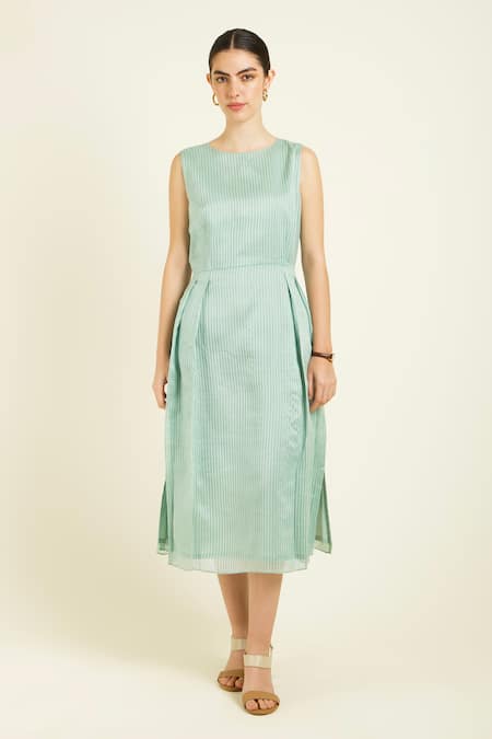 Arcvsh By Pallavi Singh_Mint Organza Embroidery Round Neck Printed Jacket And Stripe Dress _Online_at_Aza_Fashions