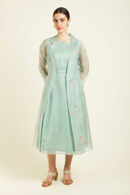 Buy_Arcvsh By Pallavi Singh_Mint Organza Embroidery Round Neck Printed Jacket And Stripe Dress _Online_at_Aza_Fashions