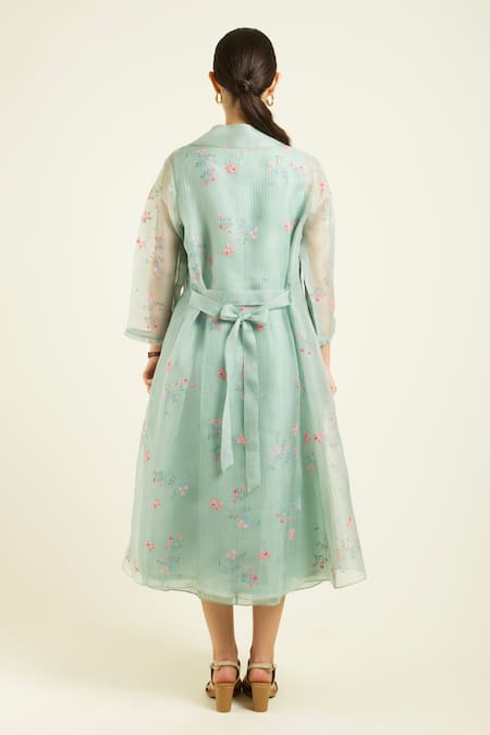 Shop_Arcvsh By Pallavi Singh_Mint Organza Embroidery Round Neck Printed Jacket And Stripe Dress _Online_at_Aza_Fashions
