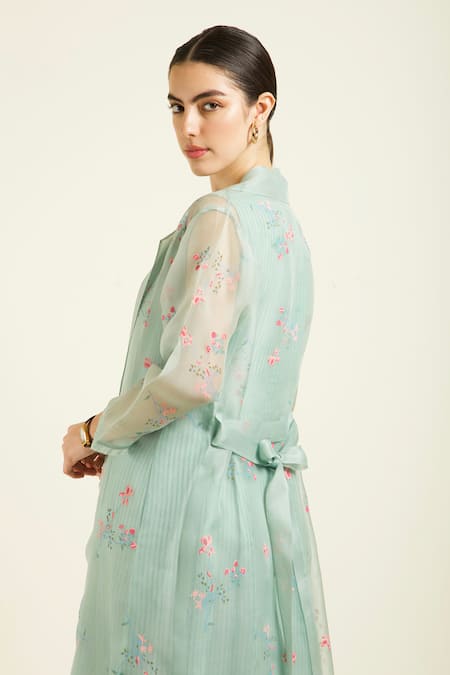 Arcvsh By Pallavi Singh_Mint Organza Embroidery Round Neck Printed Jacket And Stripe Dress _at_Aza_Fashions