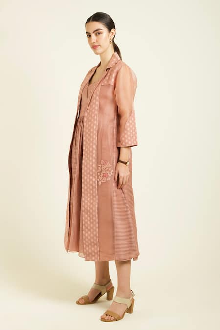 Arcvsh By Pallavi Singh Peach Organza, Brocade Embroidery V-neck Jacket And Strap Dress Set Online at Aza Fashions Arcvsh By Pallavi Singh_Peach Organza, Brocade Embroidery V-neck Jacket And Strap Dress Set _Online_at_Aza_Fashions