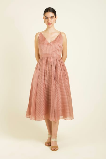 Buy Arcvsh By Pallavi Singh Peach Organza, Brocade Embroidery V-neck Jacket And Strap Dress Set Online at Aza Fashions Buy_Arcvsh By Pallavi Singh_Peach Organza, Brocade Embroidery V-neck Jacket And Strap Dress Set _Online_at_Aza_Fashions