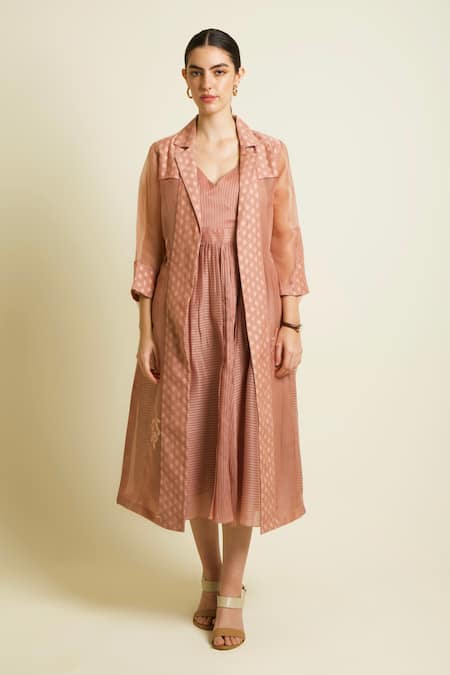 Shop Arcvsh By Pallavi Singh Peach Organza, Brocade Embroidery V-neck Jacket And Strap Dress Set Online at Aza Fashions Shop_Arcvsh By Pallavi Singh_Peach Organza, Brocade Embroidery V-neck Jacket And Strap Dress Set _Online_at_Aza_Fashions