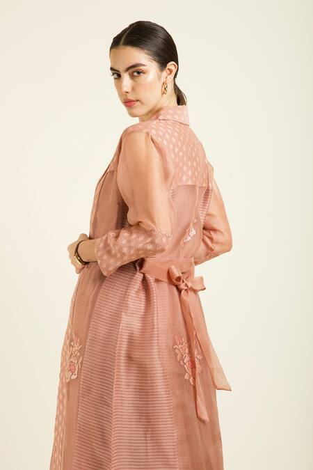 Arcvsh By Pallavi Singh Peach Organza, Brocade Embroidery V-neck Jacket And Strap Dress Set at Aza Fashions Arcvsh By Pallavi Singh_Peach Organza, Brocade Embroidery V-neck Jacket And Strap Dress Set _at_Aza_Fashions