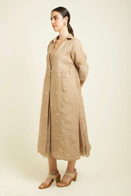 Arcvsh By Pallavi Singh_Beige Linen, Chanderi Embroidery V-neck, Handblock Printed Dress And Jacket Set _Online_at_Aza_Fashions