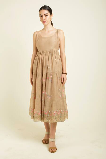 Buy_Arcvsh By Pallavi Singh_Beige Linen, Chanderi Embroidery V-neck, Handblock Printed Dress And Jacket Set _Online_at_Aza_Fashions