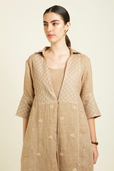 Shop_Arcvsh By Pallavi Singh_Beige Linen, Chanderi Embroidery V-neck, Handblock Printed Dress And Jacket Set _Online_at_Aza_Fashions
