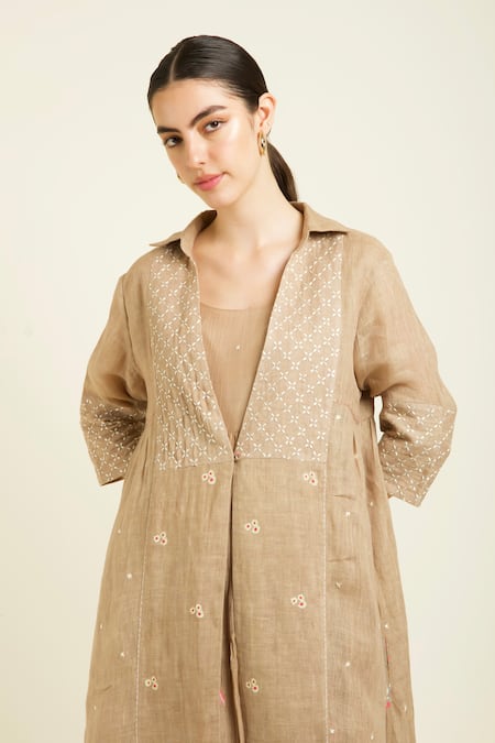 Arcvsh By Pallavi Singh_Beige Linen, Chanderi Embroidery V-neck, Handblock Printed Dress And Jacket Set _at_Aza_Fashions