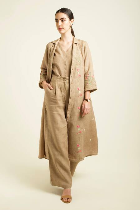 Buy Arcvsh By Pallavi Singh Beige Linen Embroidery Collared, V-neck Handblock Printed Jacket And Pant Set Online at Aza Fashions Buy_Arcvsh By Pallavi Singh_Beige Linen Embroidery Collared, V-neck Handblock Printed Jacket And Pant Set _Online_at_Aza_Fashions