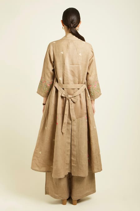 Shop Arcvsh By Pallavi Singh Beige Linen Embroidery Collared, V-neck Handblock Printed Jacket And Pant Set at Aza Fashions Shop_Arcvsh By Pallavi Singh_Beige Linen Embroidery Collared, V-neck Handblock Printed Jacket And Pant Set _at_Aza_Fashions