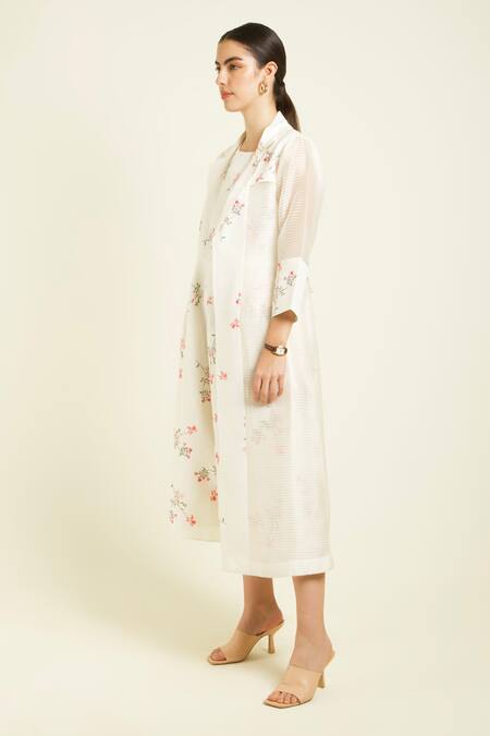 Arcvsh By Pallavi Singh_Ivory Organza, Linen Embroidery Round Neck Stripe Jacket And Printed Jumpsuit _Online_at_Aza_Fashions