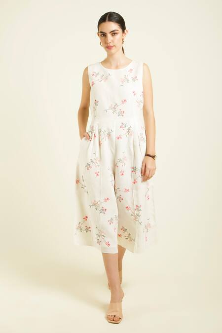 Buy_Arcvsh By Pallavi Singh_Ivory Organza, Linen Embroidery Round Neck Stripe Jacket And Printed Jumpsuit _Online_at_Aza_Fashions