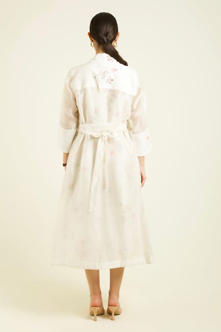 Arcvsh By Pallavi Singh Ivory Stripe Organza Jacket & Printed Jumpsuit 