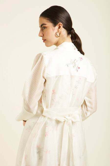 Shop_Arcvsh By Pallavi Singh_Ivory Organza, Linen Embroidery Round Neck Stripe Jacket And Printed Jumpsuit _Online_at_Aza_Fashions