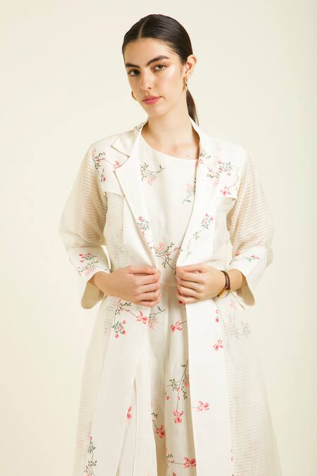 Arcvsh By Pallavi Singh_Ivory Organza, Linen Embroidery Round Neck Stripe Jacket And Printed Jumpsuit _at_Aza_Fashions