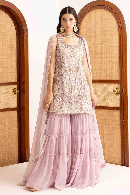 Buy Ajiesh Oberoi Lilac Georgette, Muslin Embroidery Round Neck Floral Kurta Set With Dupatta Online at Aza Fashions Buy_Ajiesh Oberoi_Lilac Georgette, Muslin Embroidery Round Neck Floral Kurta Set With Dupatta _Online_at_Aza_Fashions