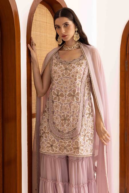Shop Ajiesh Oberoi Lilac Georgette, Muslin Embroidery Round Neck Floral Kurta Set With Dupatta Online at Aza Fashions Shop_Ajiesh Oberoi_Lilac Georgette, Muslin Embroidery Round Neck Floral Kurta Set With Dupatta _Online_at_Aza_Fashions