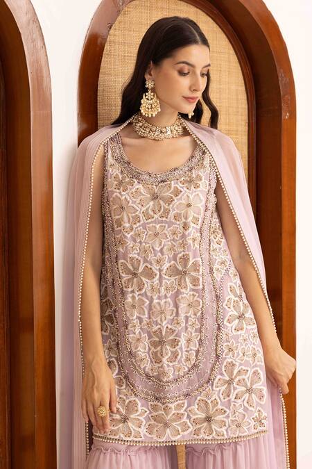 Buy Ajiesh Oberoi Lilac Georgette, Muslin Embroidery Round Neck Floral Kurta Set With Dupatta Buy_Ajiesh Oberoi_Lilac Georgette, Muslin Embroidery Round Neck Floral Kurta Set With Dupatta