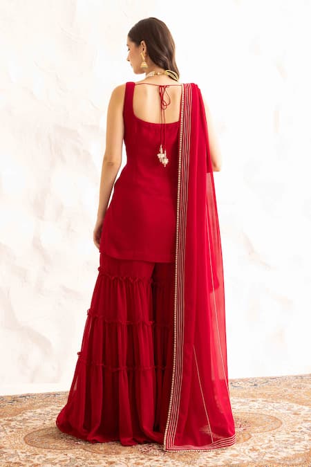 Shop Ajiesh Oberoi Red Georgette Embroidery, Crystals Round Neck Floral Kurta Set With Sharara at Aza Fashions Shop_Ajiesh Oberoi_Red Georgette Embroidery, Crystals Round Neck Floral Kurta Set With Sharara _at_Aza_Fashions