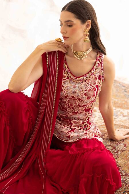 Ajiesh Oberoi Red Georgette Embroidery, Crystals Round Neck Floral Kurta Set With Sharara Online at Aza Fashions Ajiesh Oberoi_Red Georgette Embroidery, Crystals Round Neck Floral Kurta Set With Sharara _Online_at_Aza_Fashions