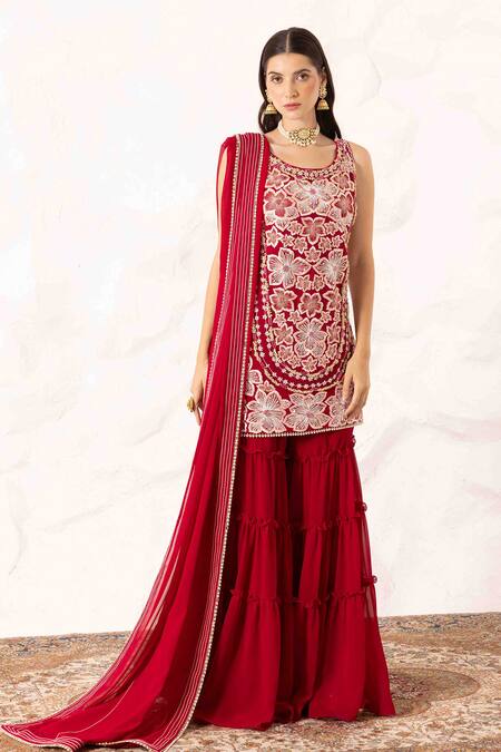 Buy Ajiesh Oberoi Red Georgette Embroidery, Crystals Round Neck Floral Kurta Set With Sharara Online at Aza Fashions Buy_Ajiesh Oberoi_Red Georgette Embroidery, Crystals Round Neck Floral Kurta Set With Sharara _Online_at_Aza_Fashions