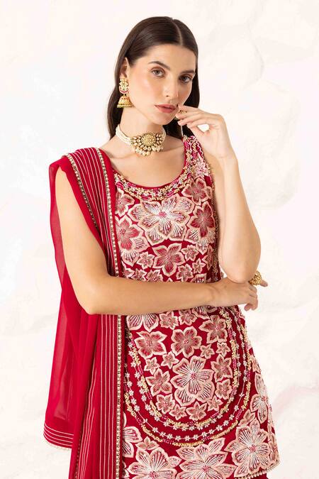 Shop Ajiesh Oberoi Red Georgette Embroidery, Crystals Round Neck Floral Kurta Set With Sharara Online at Aza Fashions Shop_Ajiesh Oberoi_Red Georgette Embroidery, Crystals Round Neck Floral Kurta Set With Sharara _Online_at_Aza_Fashions