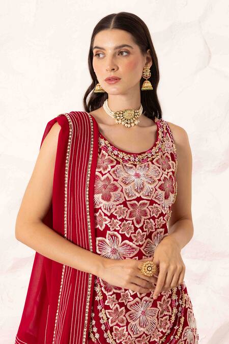 Ajiesh Oberoi Red Georgette Embroidery, Crystals Round Neck Floral Kurta Set With Sharara at Aza Fashions Ajiesh Oberoi_Red Georgette Embroidery, Crystals Round Neck Floral Kurta Set With Sharara _at_Aza_Fashions