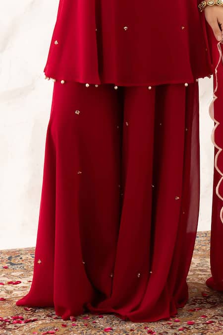 Buy_Ajiesh Oberoi_Red Georgette Sequins Round Neck Floral Yoke Peplum Kurta Set _Online_at_Aza_Fashions
