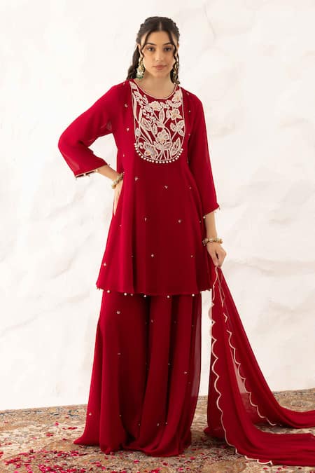 Shop_Ajiesh Oberoi_Red Georgette Sequins Round Neck Floral Yoke Peplum Kurta Set _Online_at_Aza_Fashions