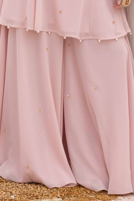 Ajiesh Oberoi_Pink Georgette, Cotton, Muslin Sequins Round Floral Embroidered Peplum Kurta Set _Online_at_Aza_Fashions