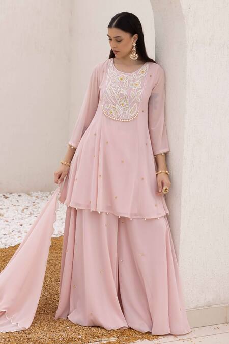 Buy_Ajiesh Oberoi_Pink Georgette, Cotton, Muslin Sequins Round Floral Embroidered Peplum Kurta Set _Online_at_Aza_Fashions