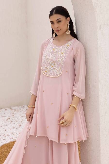 Shop_Ajiesh Oberoi_Pink Georgette, Cotton, Muslin Sequins Round Floral Embroidered Peplum Kurta Set _Online_at_Aza_Fashions