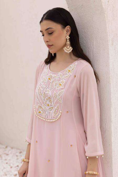 Ajiesh Oberoi_Pink Georgette, Cotton, Muslin Sequins Round Floral Embroidered Peplum Kurta Set _at_Aza_Fashions