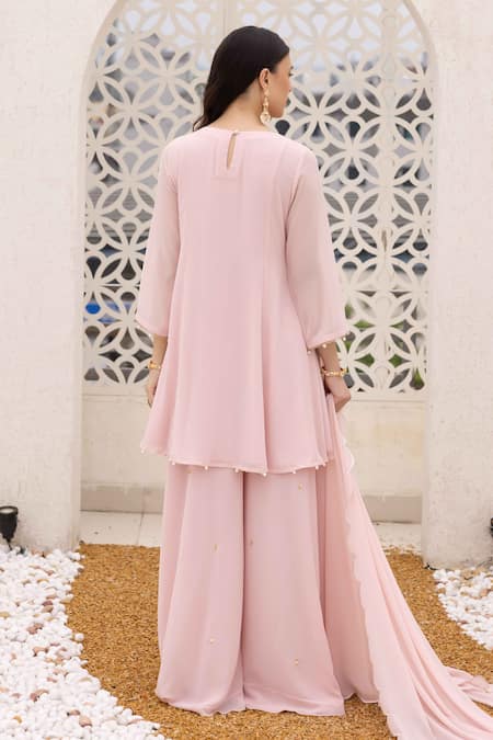 Shop_Ajiesh Oberoi_Pink Georgette, Cotton, Muslin Sequins Round Floral Embroidered Peplum Kurta Set _at_Aza_Fashions